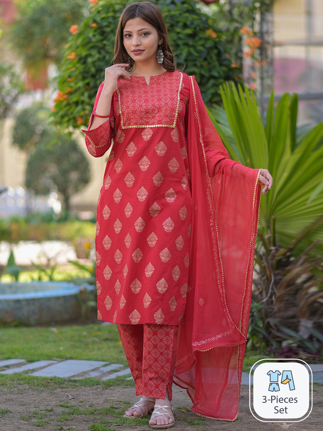 

misbis Ethnic Motifs Printed Thread Work Pure Cotton Kurta With Trousers & Dupatta, Red