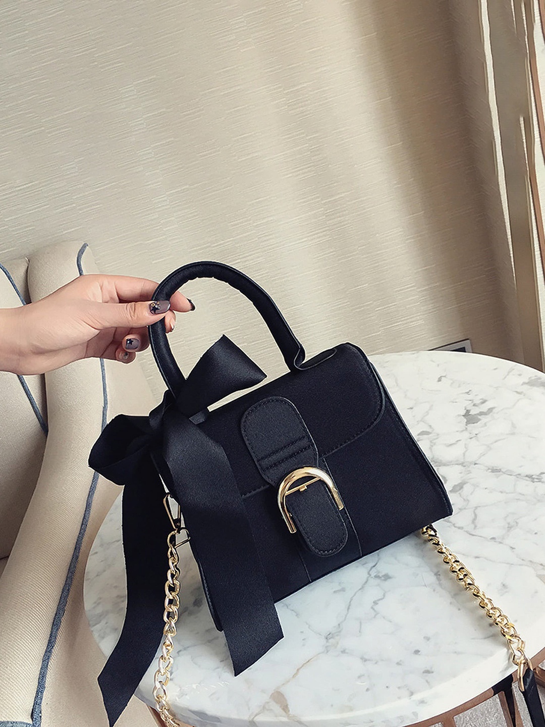 

Diva Dale Buckle Detail Structured Satchel, Black
