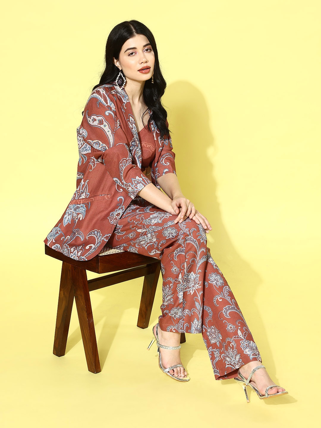 

Varanga Women Floral Printed Crop Top with Blazer & Trousers, Rust