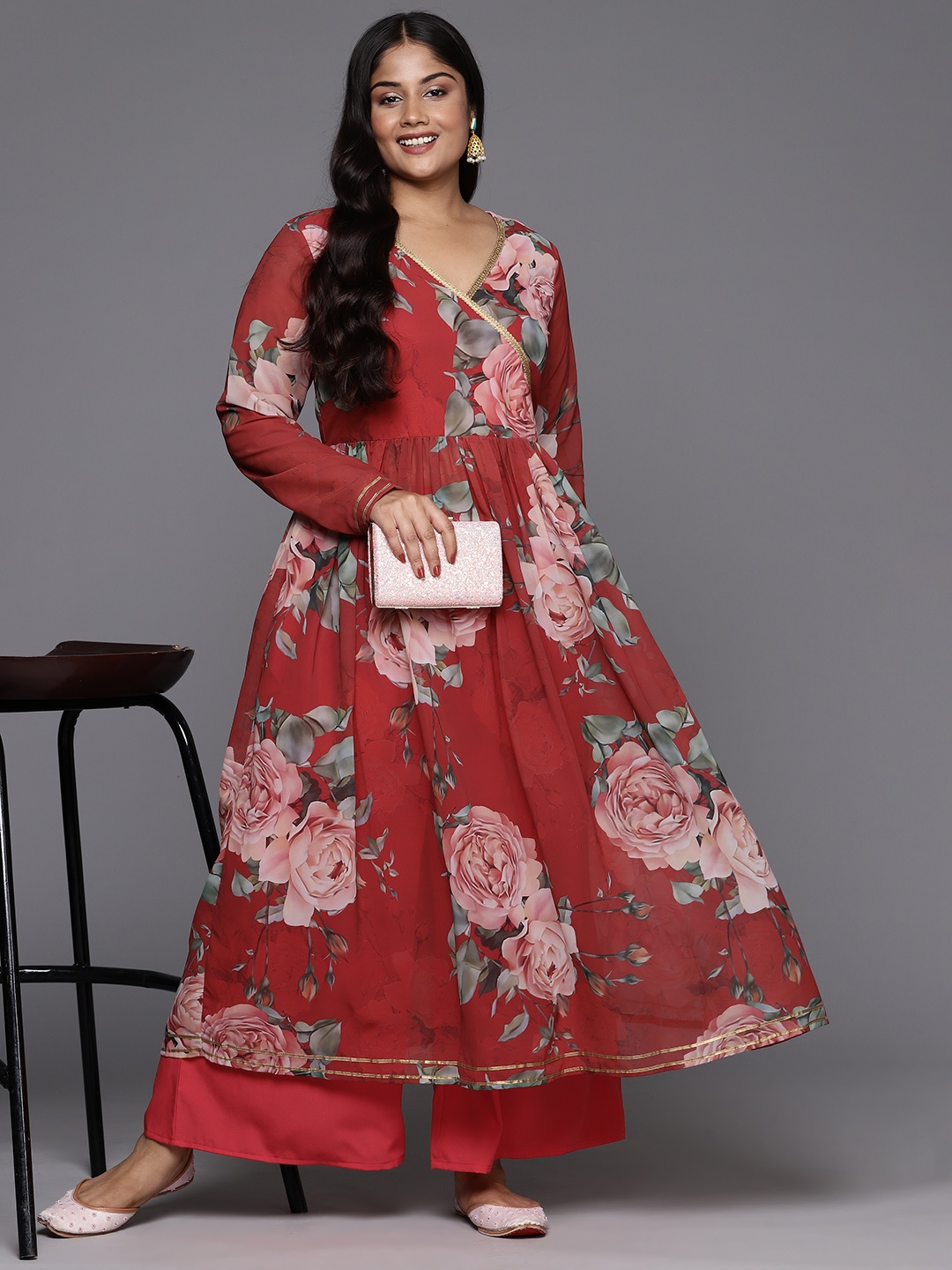 

A PLUS BY AHALYAA Women Floral Printed Angrakha Anarkali Kurta Set, Red