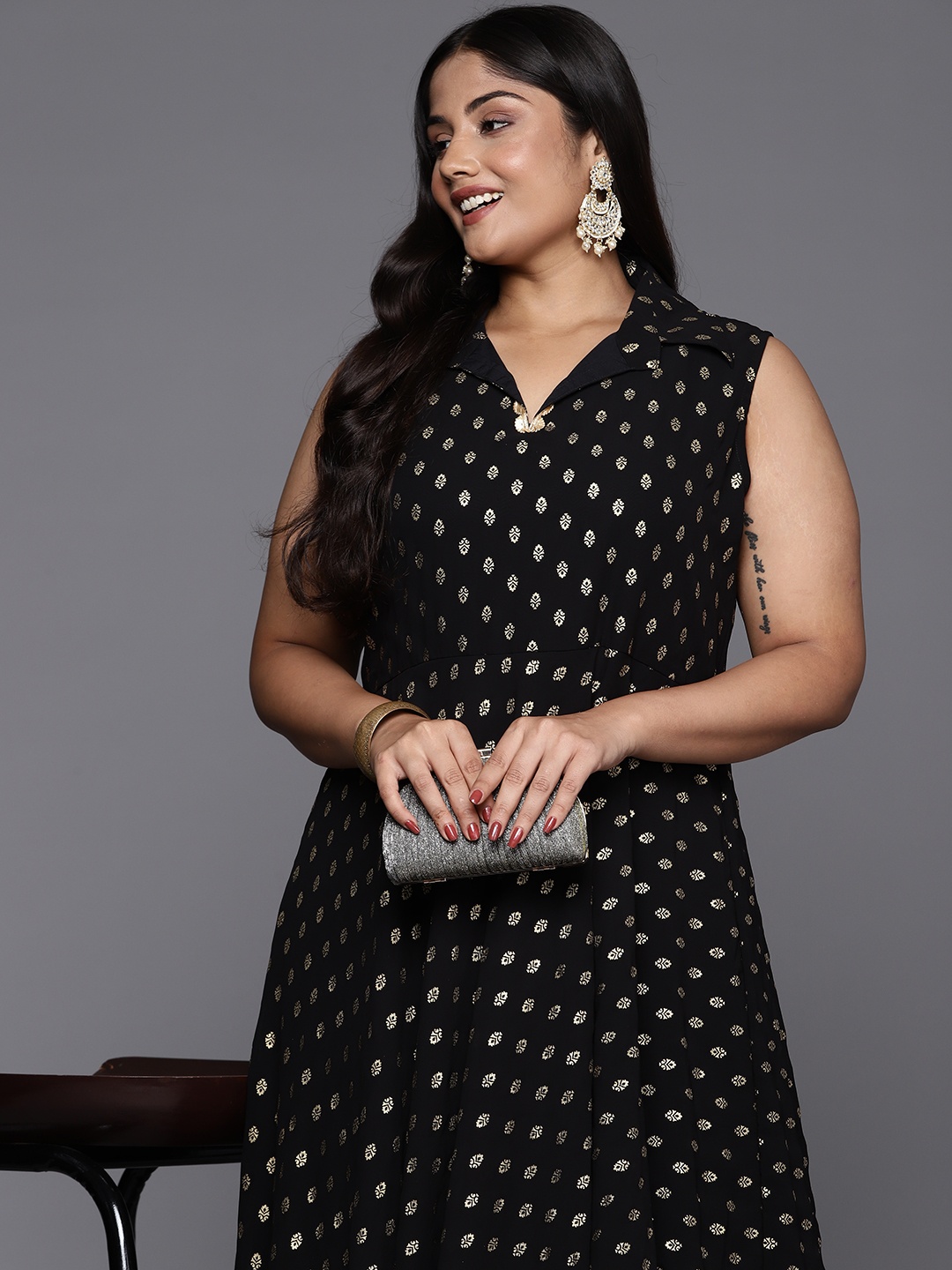 

A PLUS BY AHALYAA Ethnic Motifs Printed A-Line Midi Dress, Black
