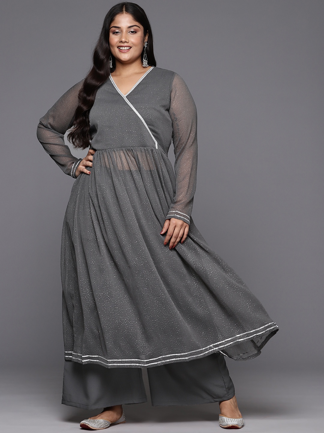 

A PLUS BY AHALYAA Women Printed Angrakha Kurta with Palazzos, Grey