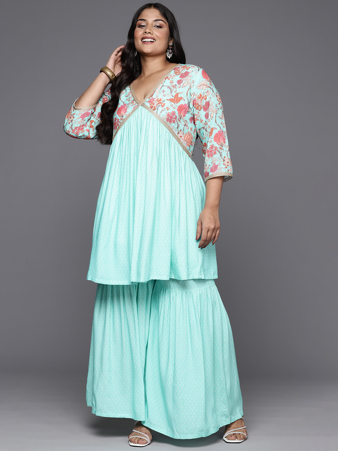 

A PLUS BY AHALYAA Plus Size Printed Zari Empire Kurti with Sharara, Turquoise blue