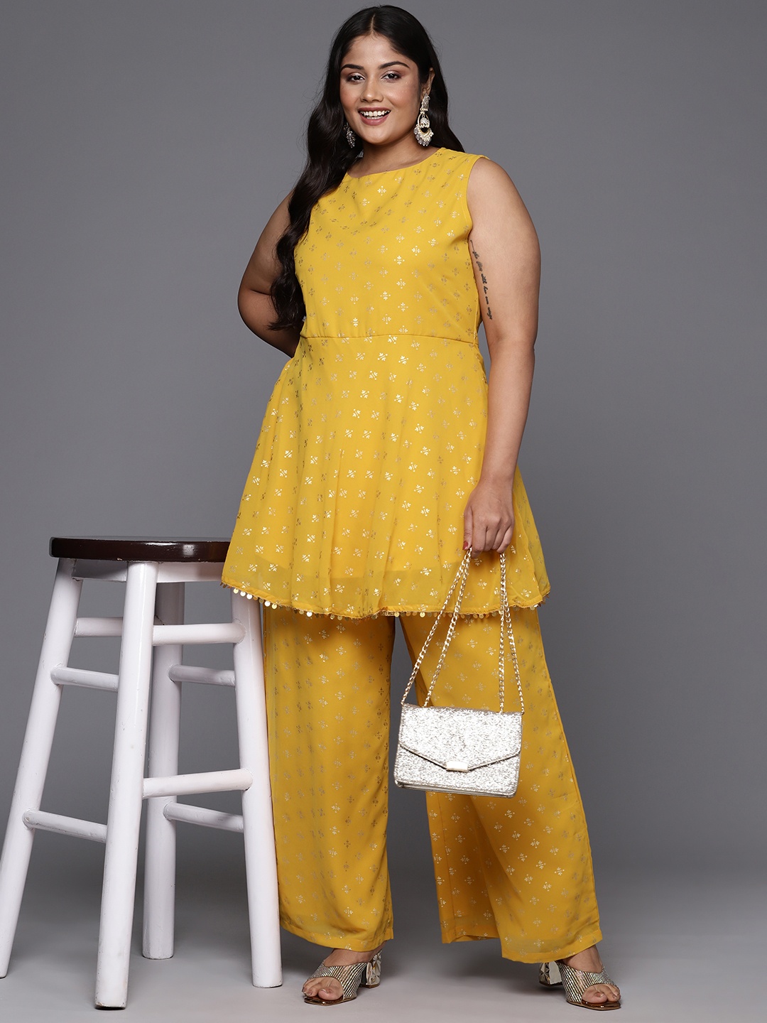 

A PLUS BY AHALYAA Plus Size Ethnic Motifs Printed Regular Kurti with Palazzos, Mustard