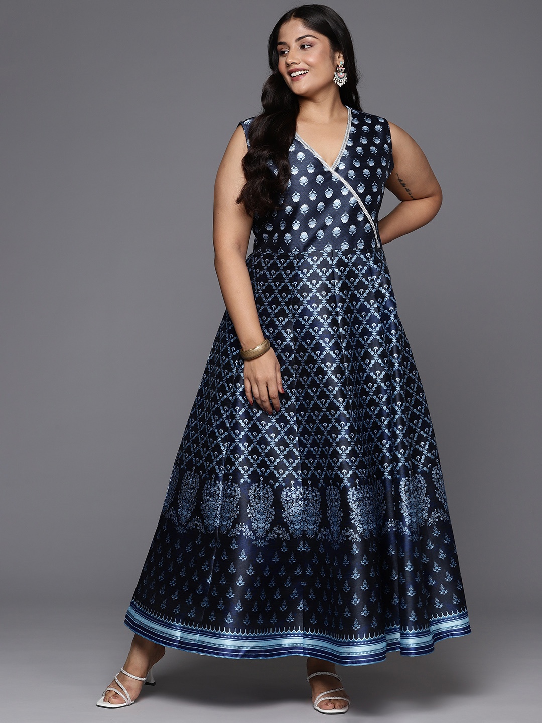 

A PLUS BY AHALYAA Plus Size Ethnic Motifs Printed Wrap Maxi Dress, Blue