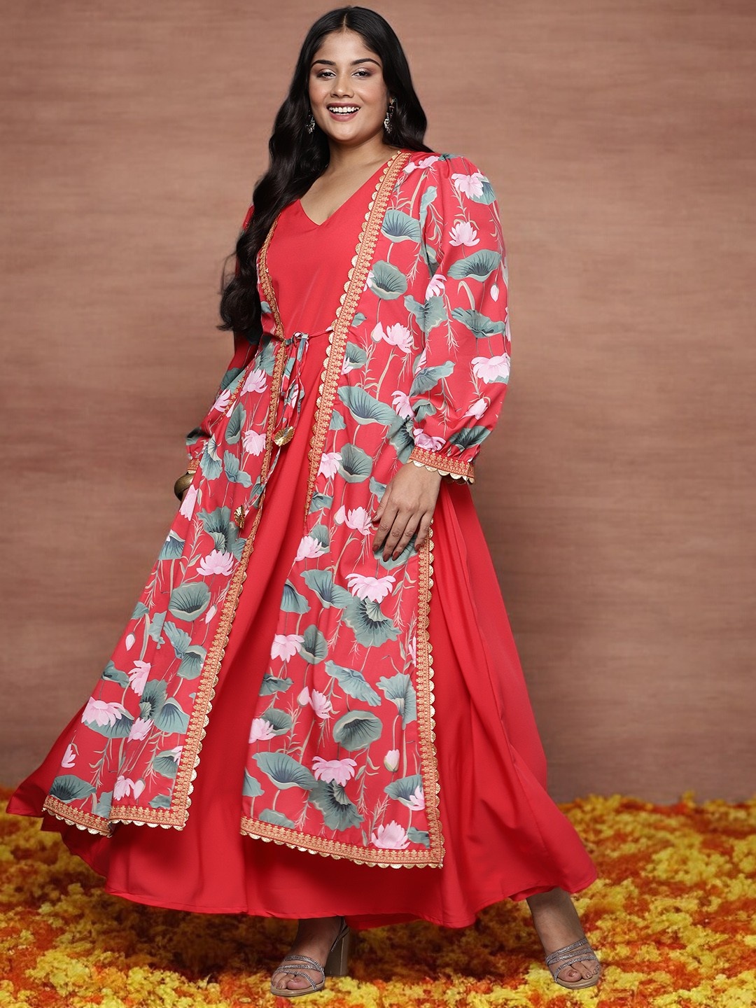 

A PLUS BY AHALYAA Plus Size Floral Printed Layered A-Line Maxi Dress, Red