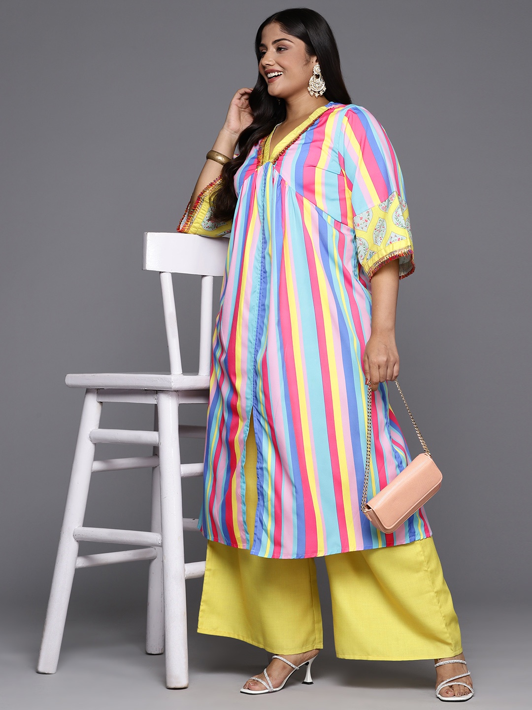 

A PLUS BY AHALYAA Women Striped Regular Kurta with Palazzos, Multi