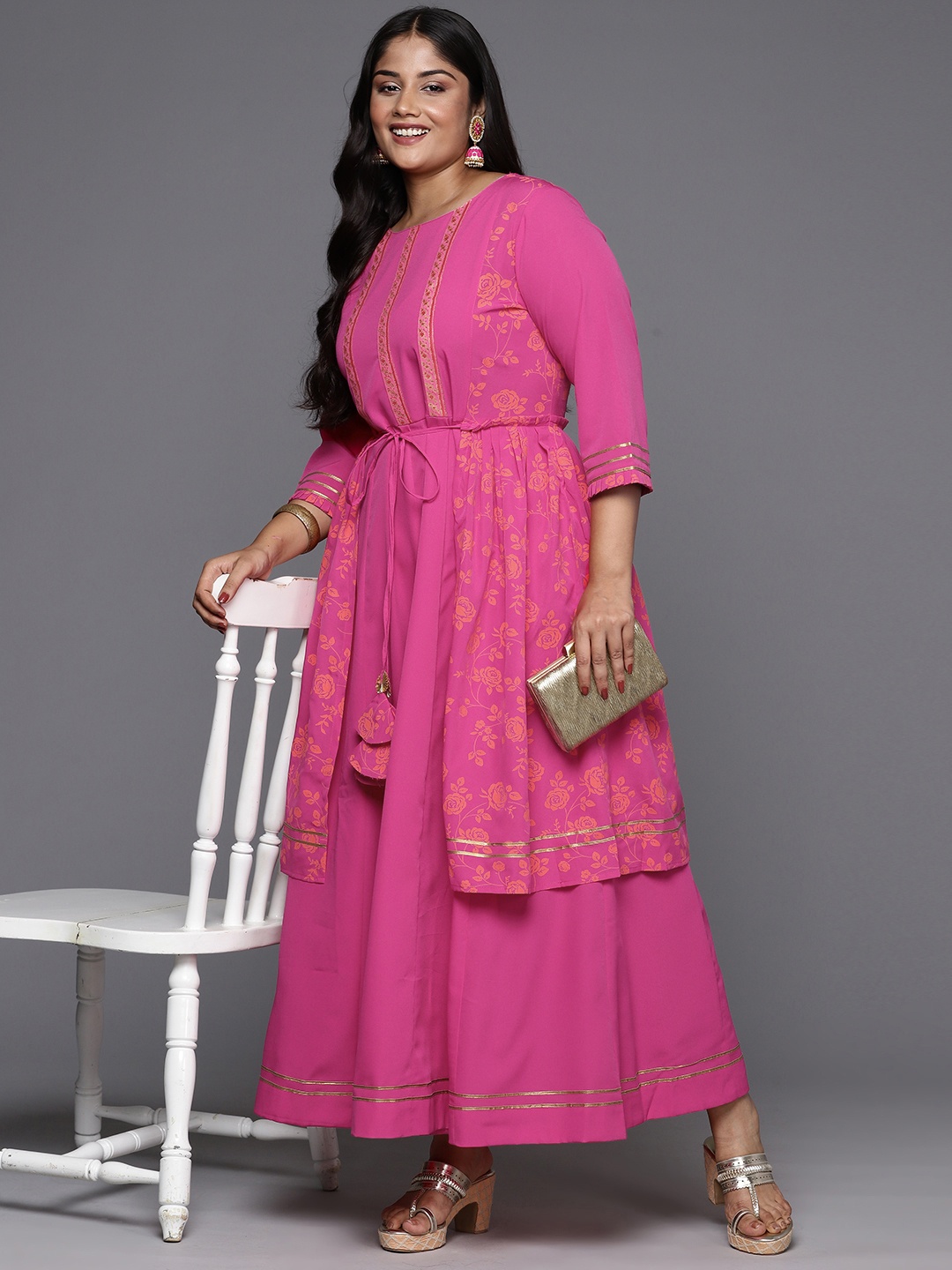 

A PLUS BY AHALYAA Floral Printed Layered A-Line Maxi Dress, Pink