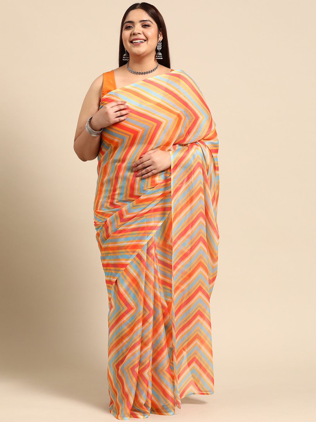 

A PLUS BY AHALYAA Printed Poly Chiffon Saree, Orange