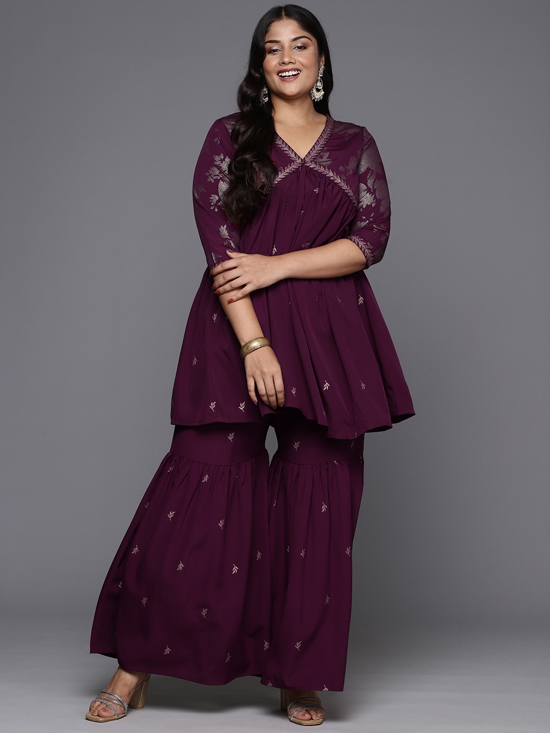 

A PLUS BY AHALYAA Plus Size Floral Printed Empire Sharara Set, Burgundy