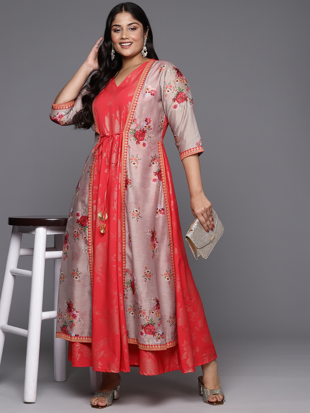 

A PLUS BY AHALYAA Plus Size Floral Printed A-Line Maxi Dress, Red