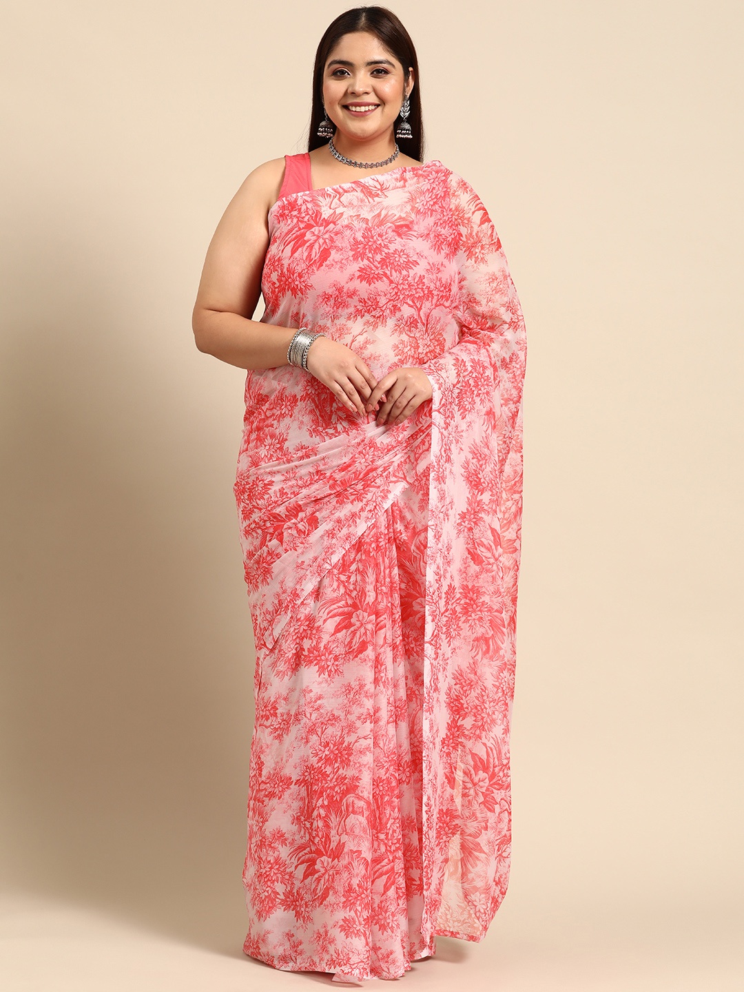 

A PLUS BY AHALYAA Floral Poly Chiffon Saree, Coral