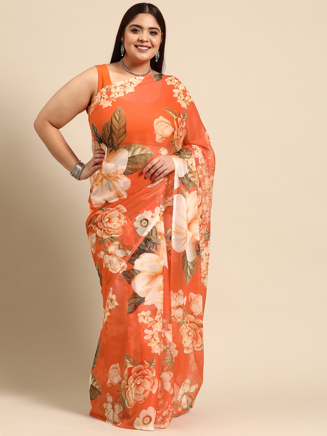 

A PLUS BY AHALYAA Floral Poly Chiffon Saree, Orange
