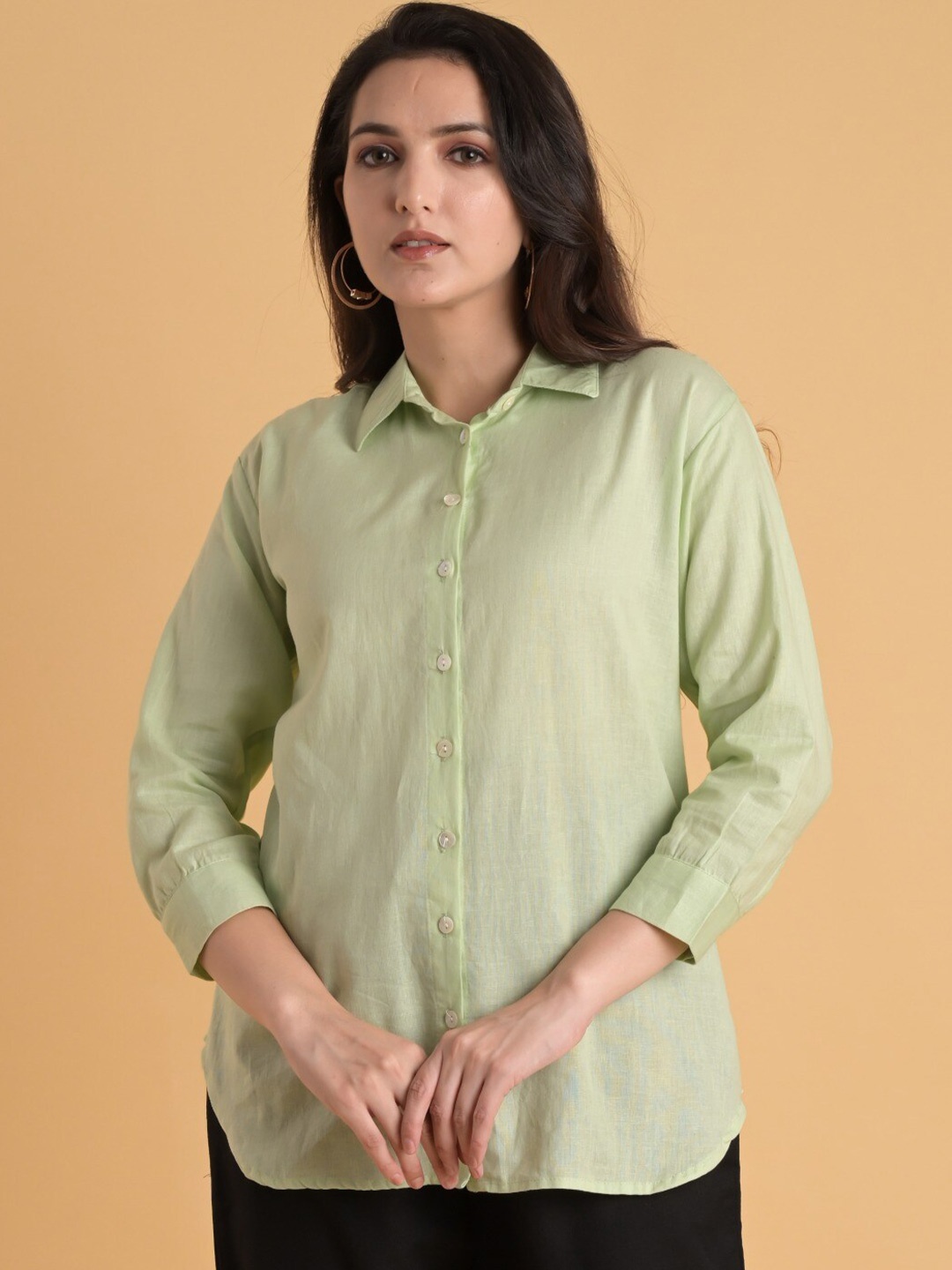 

Do Dhaage Shirt Collar Linen Formal Shirt Style Top, Green