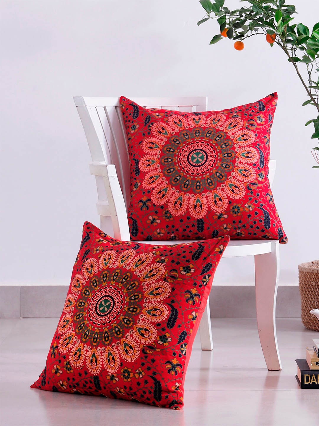 

HANDICRAFT PALACE Red & Blue 2 Pieces Ethnic Motifs Pure Cotton Square Cushion Covers
