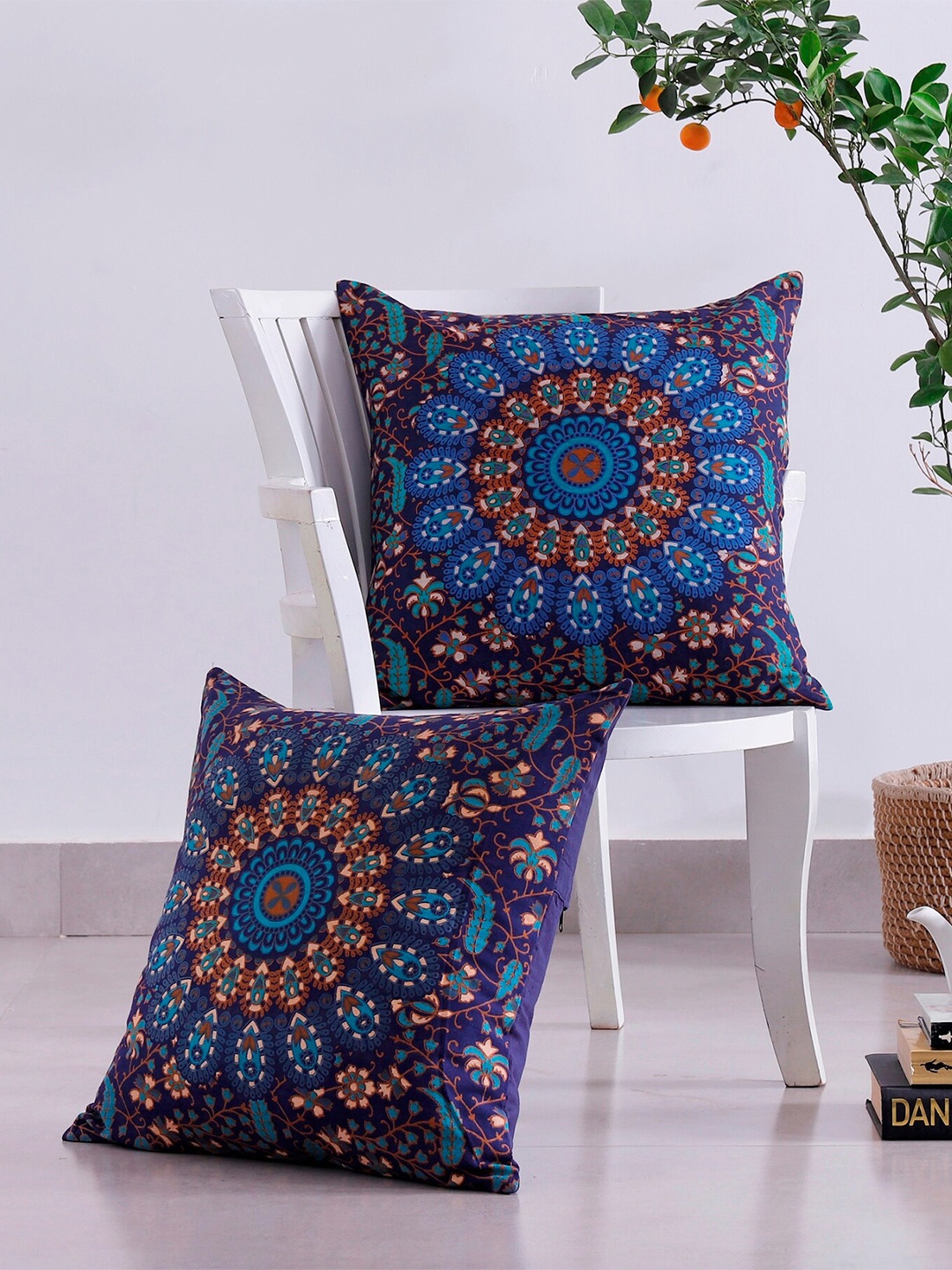 

HANDICRAFT PALACE Blue & Orange 2 Pieces Ethnic Motifs Cotton Square Cushion Covers