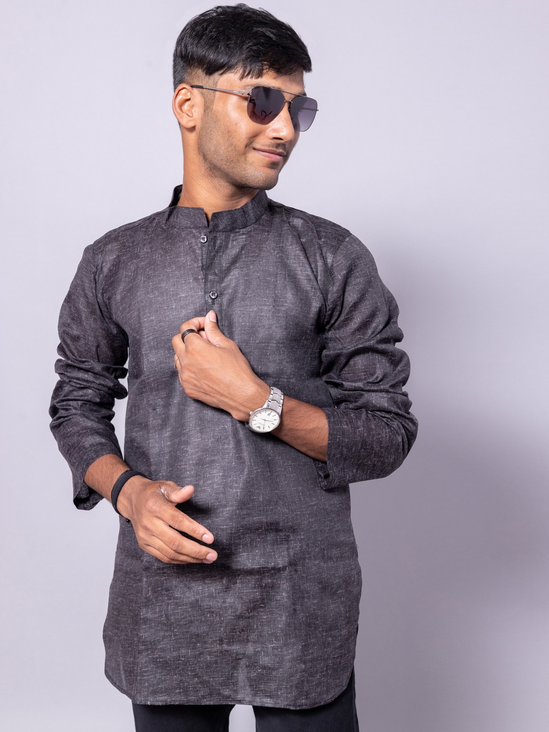 

BAESD Mandarin Collar Long Sleeves Pure Cotton Kurta, Black