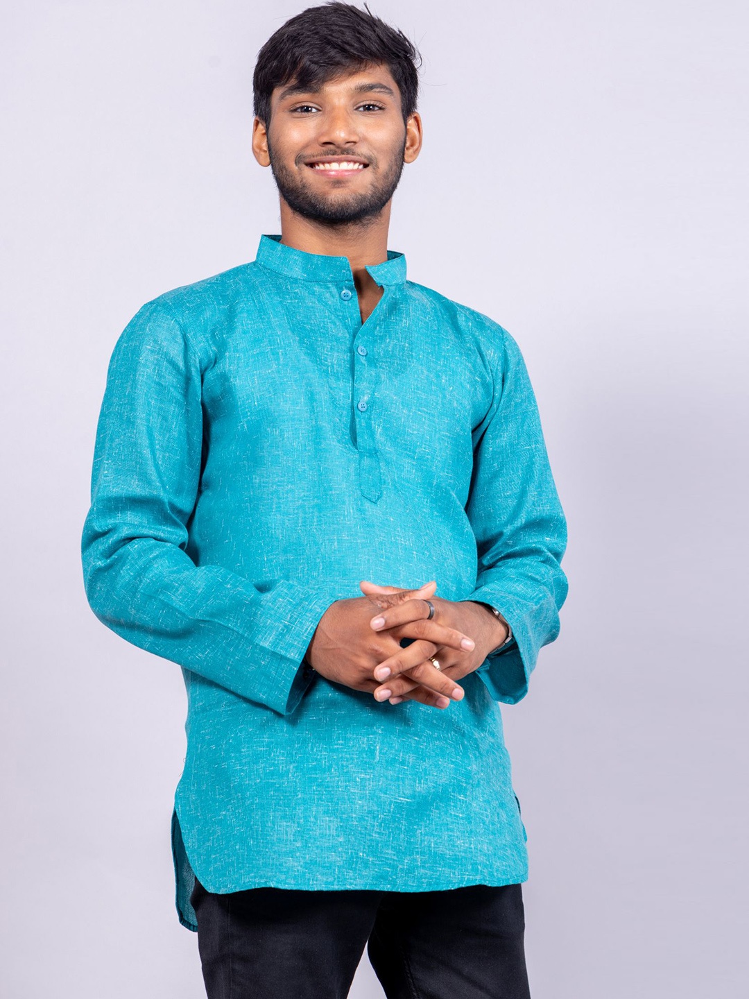 

BAESD Woven Design Mandarin Collar Long Sleeve Cotton Kurta, Turquoise blue