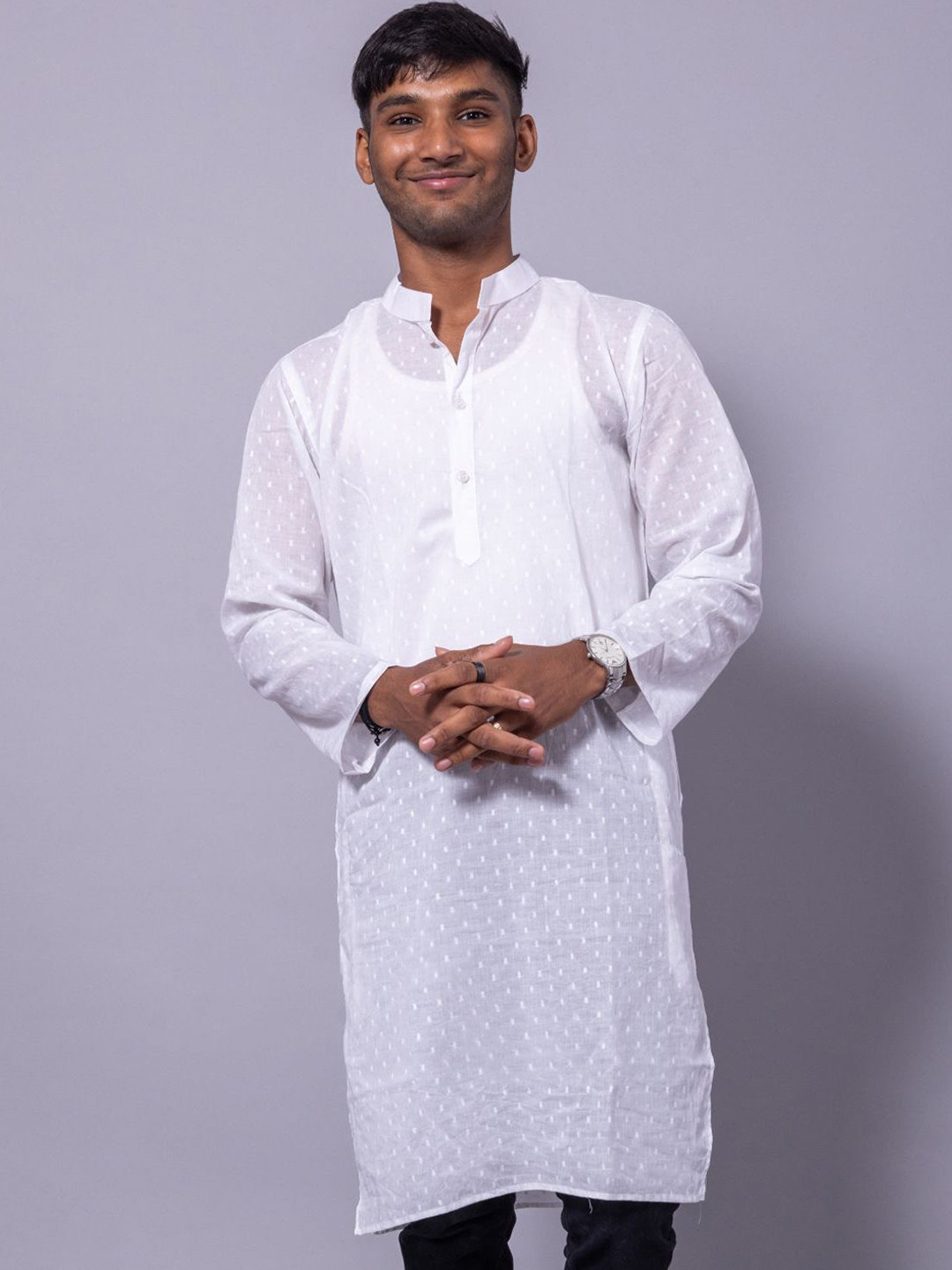 

BAESD Geometric Woven Design Mandarin Collar Pure Cotton Kurta, White