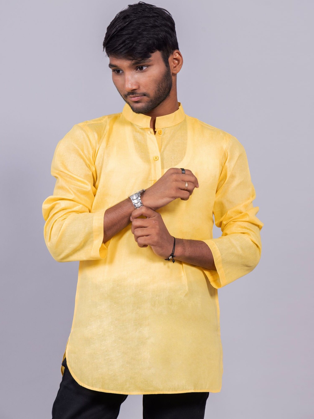 

BAESD Mandarin Collar Long Sleeves Pure Cotton Kurta, Yellow