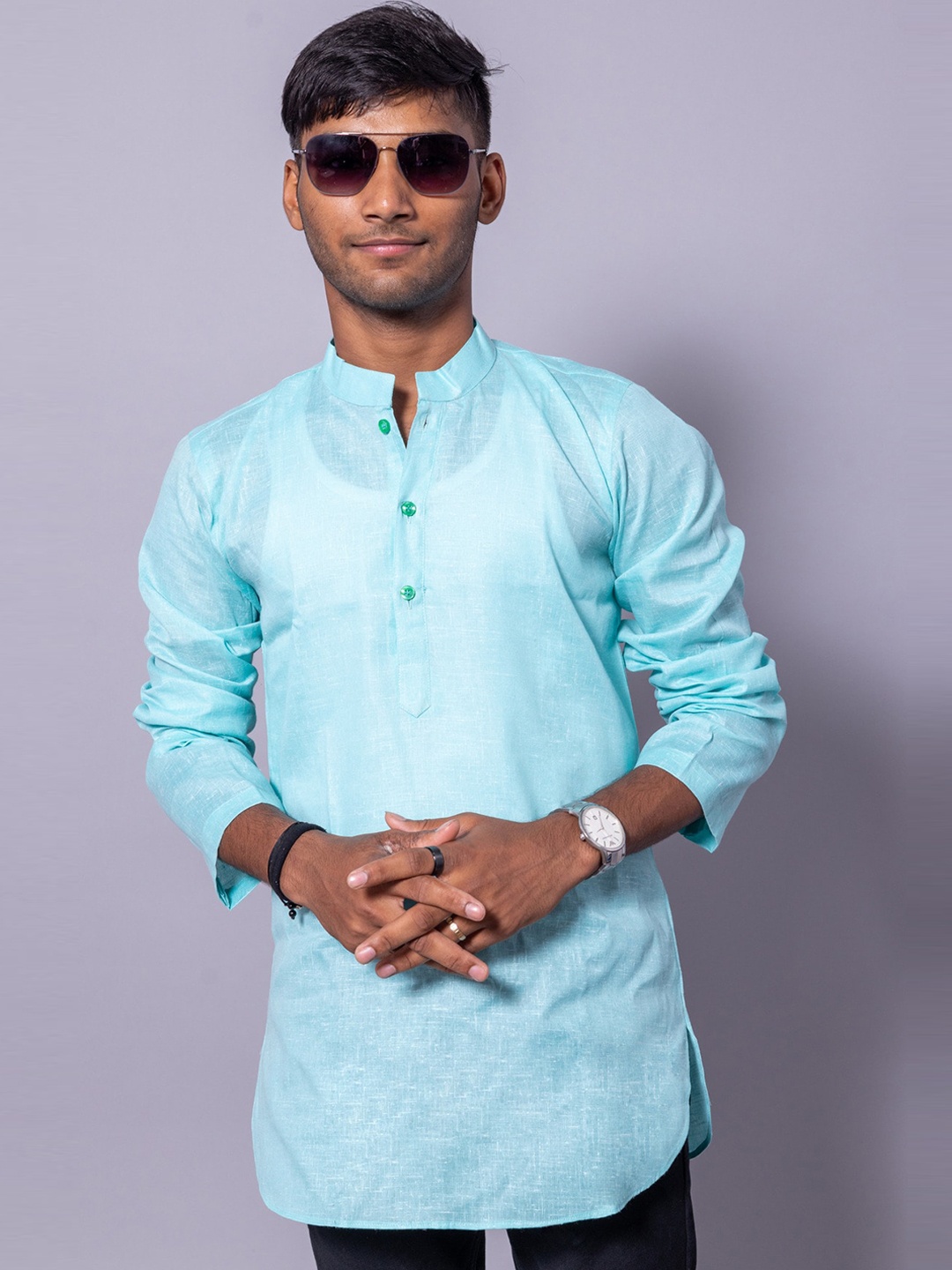 

BAESD Mandarin Collar Long Sleeves Pure Cotton Kurta, Blue