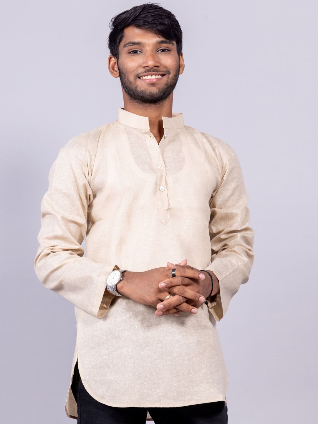 

BAESD Woven Design Mandarin Collar Long Sleeve Cotton Kurta, Beige