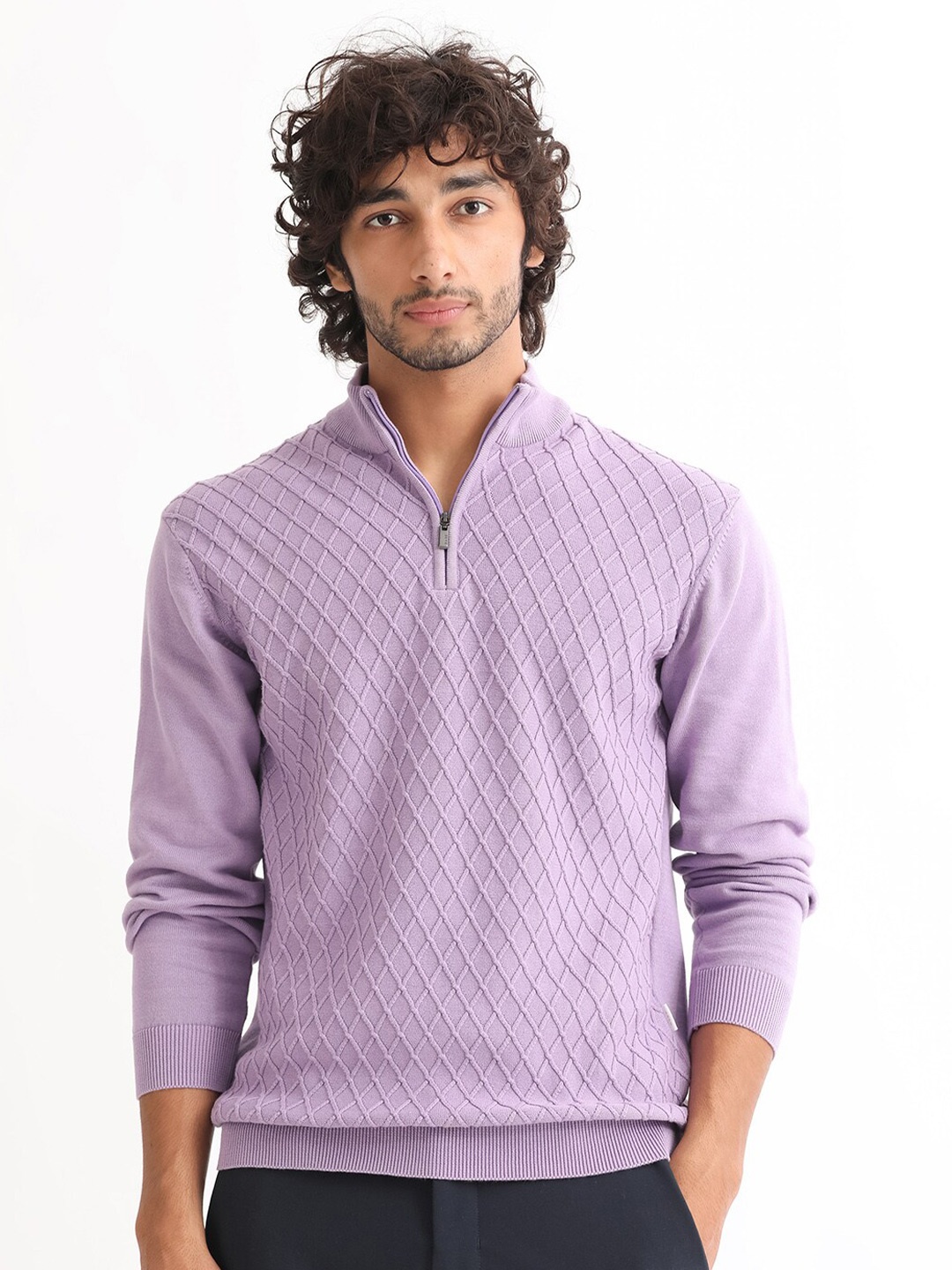 

RARE RABBIT Men Troyo Regular Fit Cable Knit Turtle Neck Sweater, Purple