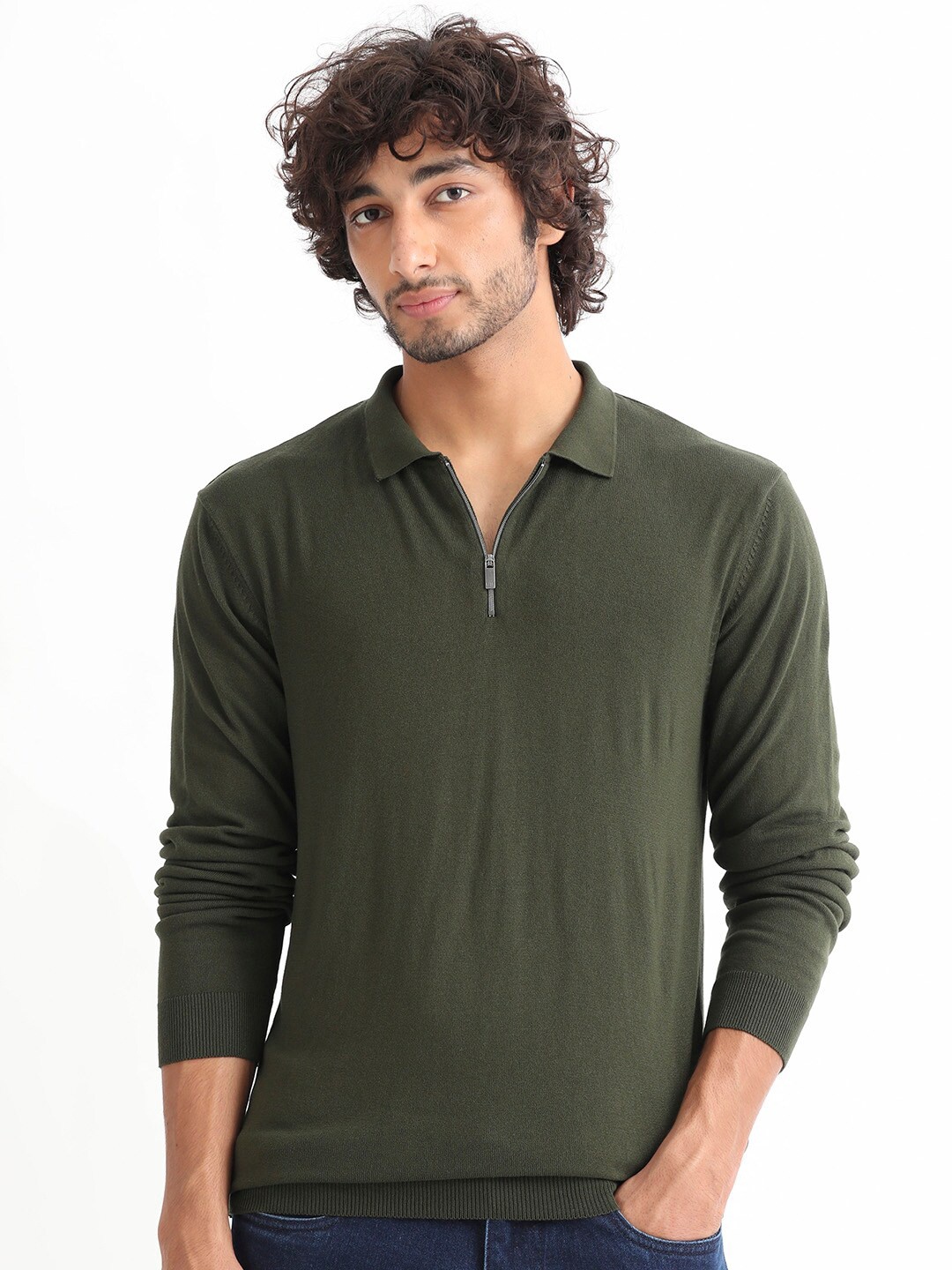 

RARE RABBIT Men Griffin Regular Fit Shirt Collar Half-Zipper Sweater, Olive