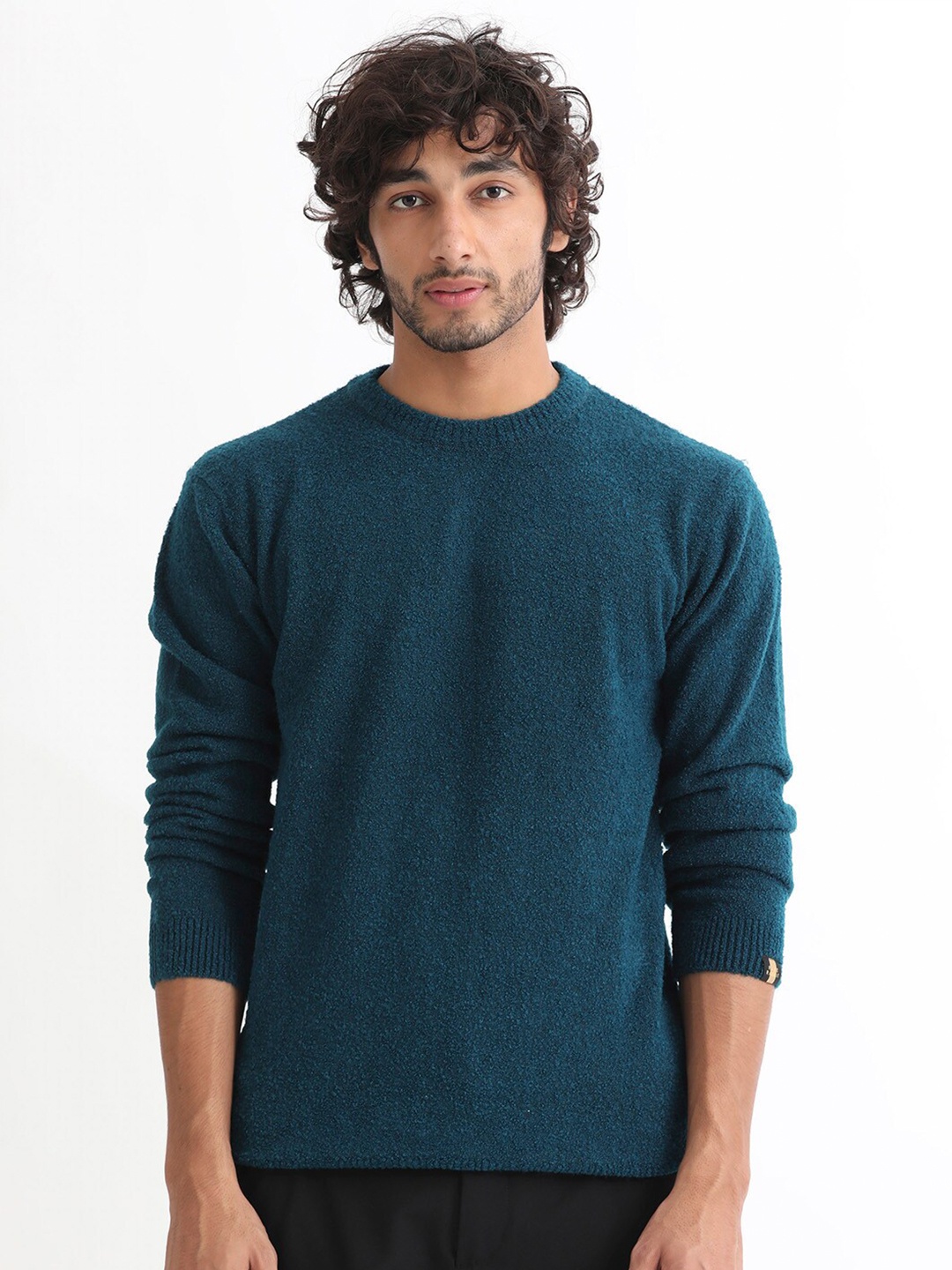 

RARE RABBIT Men Bocle Crew Neck Ribbed Acrylic Sweater, Teal