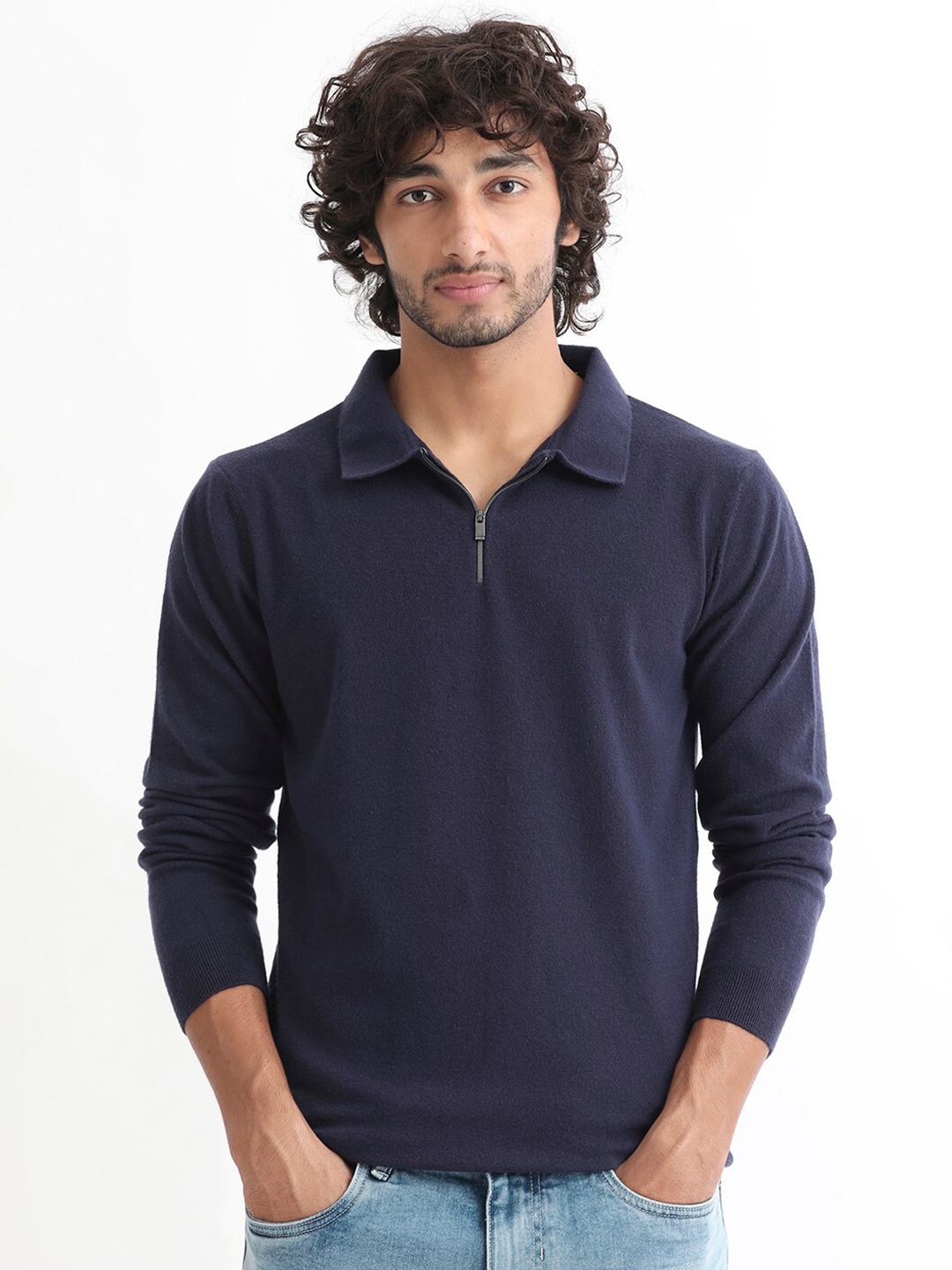 

RARE RABBIT Men Griffin Regular Fit Shirt Collar Sweater, Navy blue