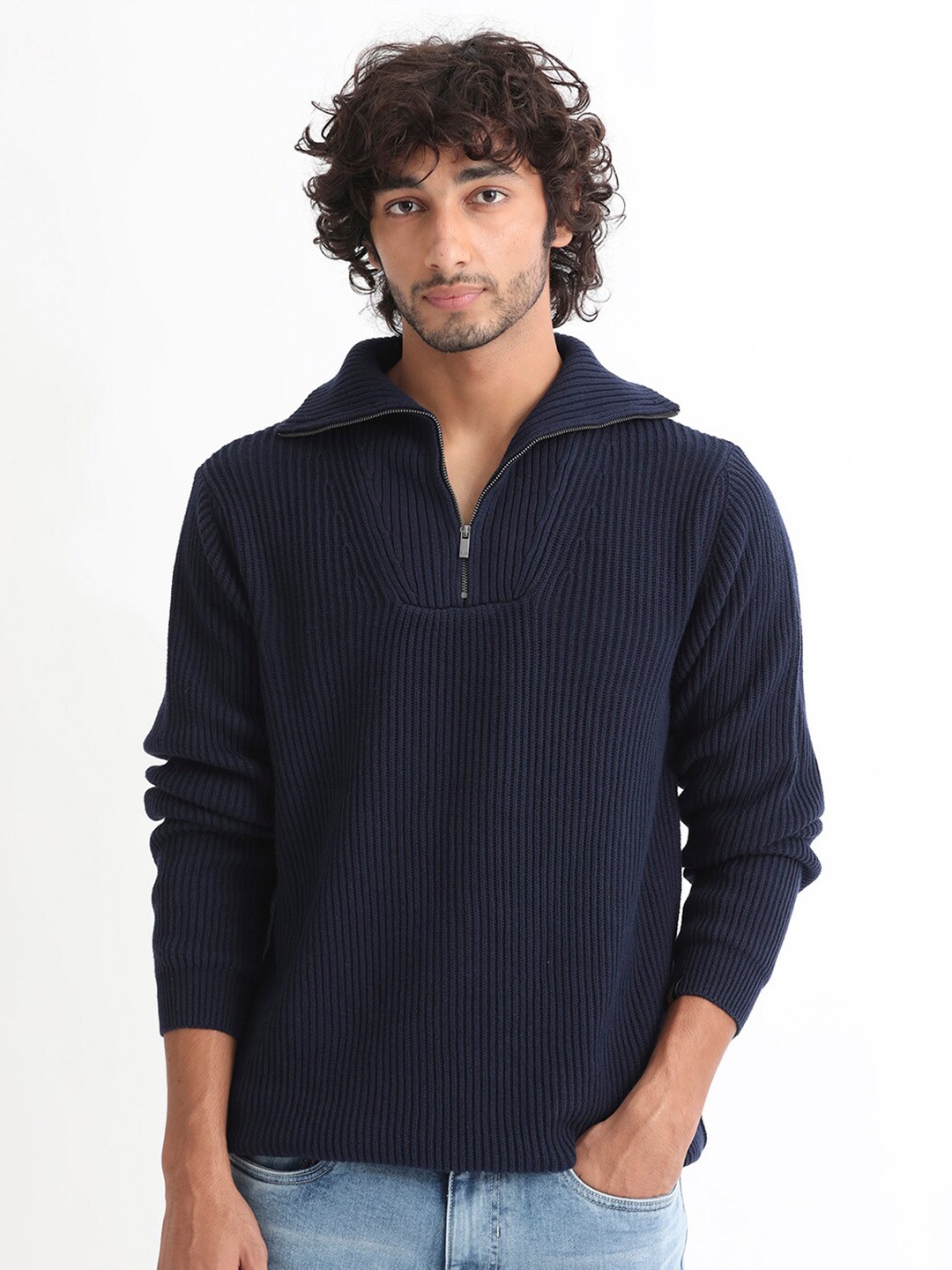 

RARE RABBIT Men Husk Comfortable Fit Lapel Collar Sweater, Navy blue