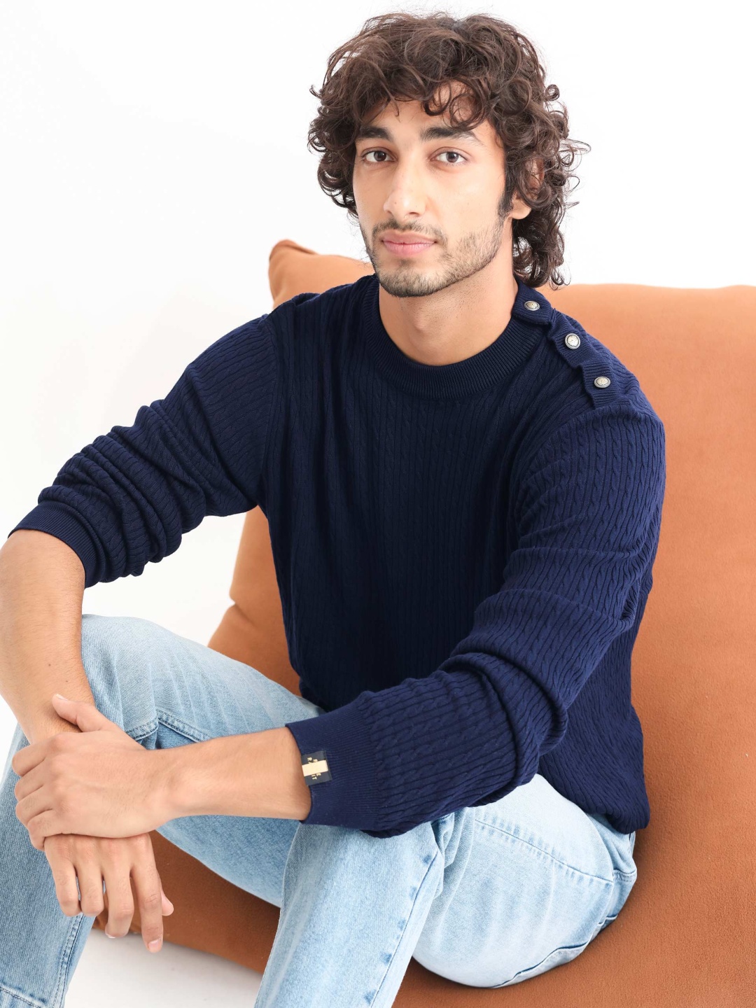

RARE RABBIT Men Diem Crew Neck Cable Knit Sweater, Navy blue