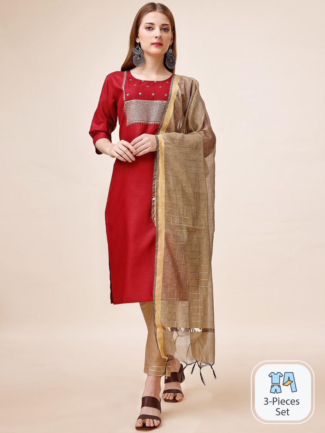 

Indian Women Embroidered Sequinned Pure Cotton Kurta & Trousers With Dupatta, Maroon