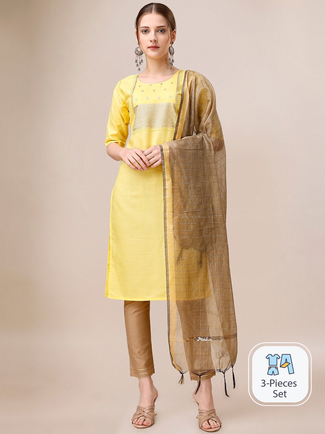 

Indian Women Ethnic Yoke Design Zari Sequined Pure Cotton Kurta with Trousers & Dupatta, Yellow