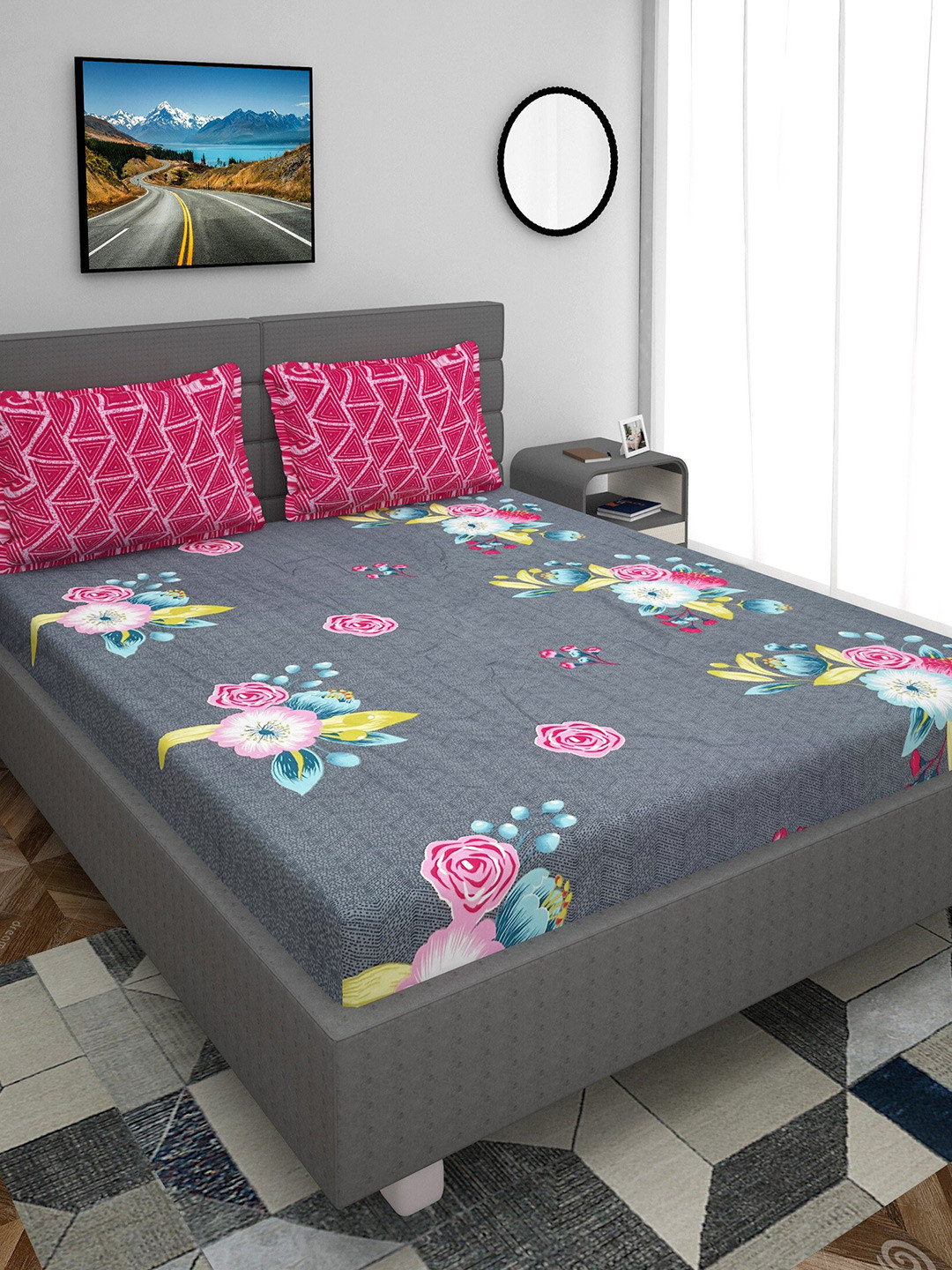 

Stylespace by Isha Grey & Yellow Floral Cotton 250 TC King Bedsheet with 2 Pillow Covers