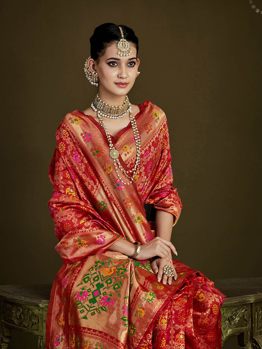 

Sangria Red & Gold-Toned Ethnic Motifs Woven Design Brocade Saree