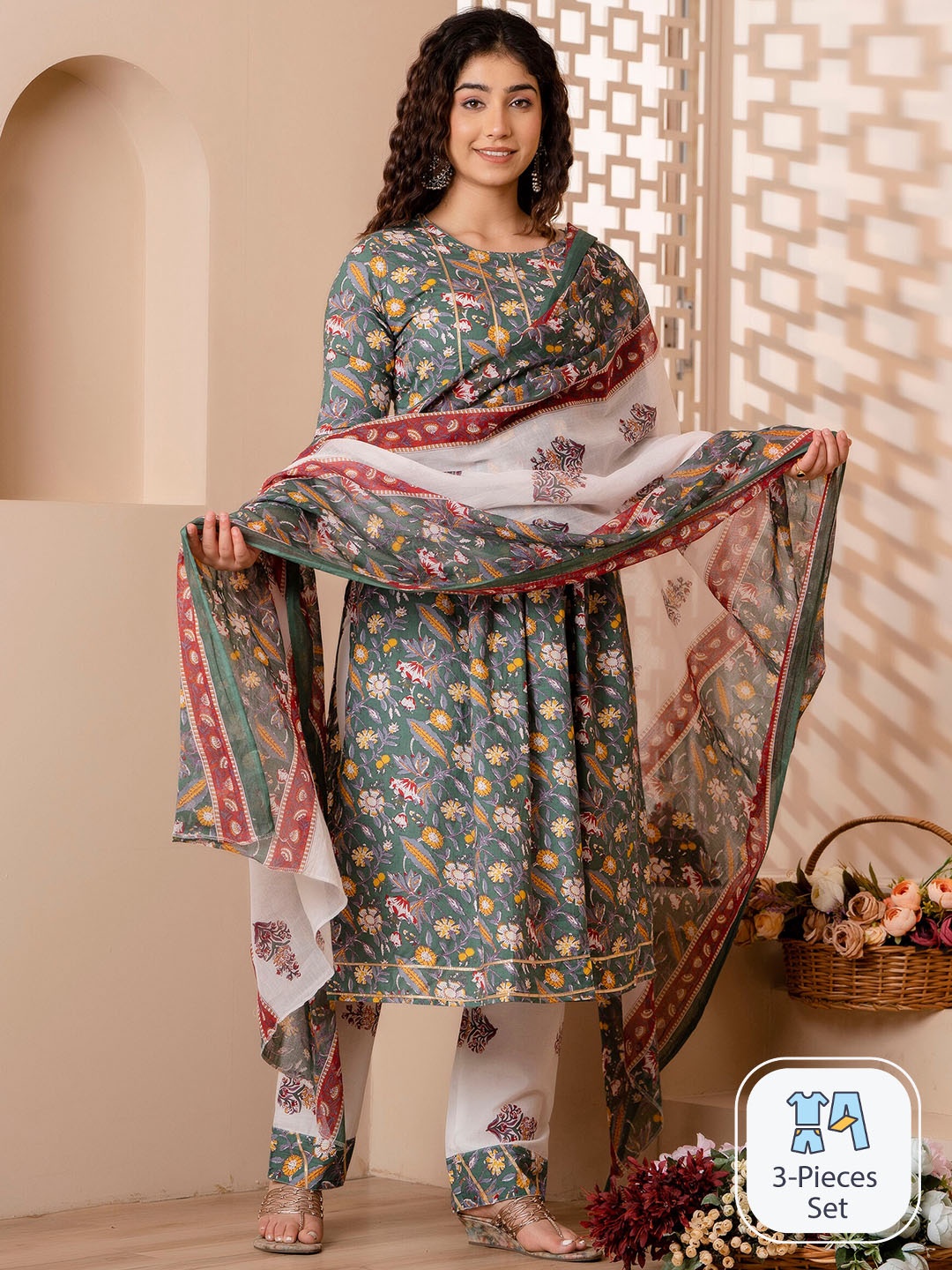 

SURHI Floral Printed Gotta Patti Straight Kurta with Trousers & Dupatta, Olive