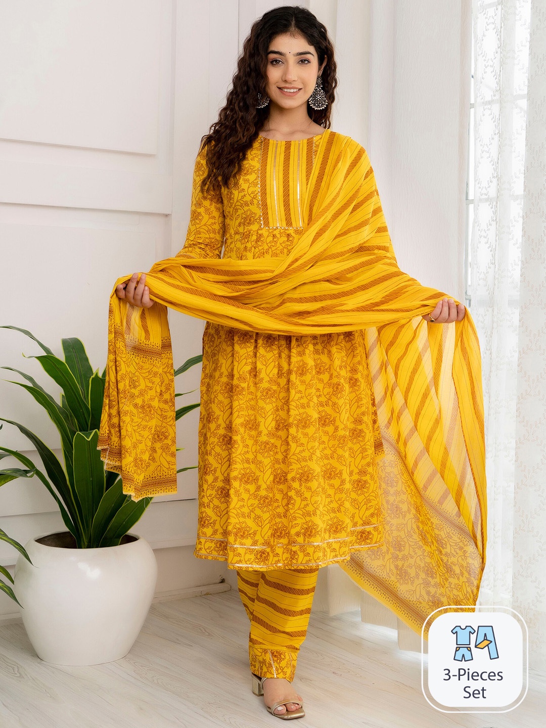 

SURHI Ethnic Motifs Embroidered Gotta Patti Regular Kurta with Pyjamas & Dupatta, Yellow