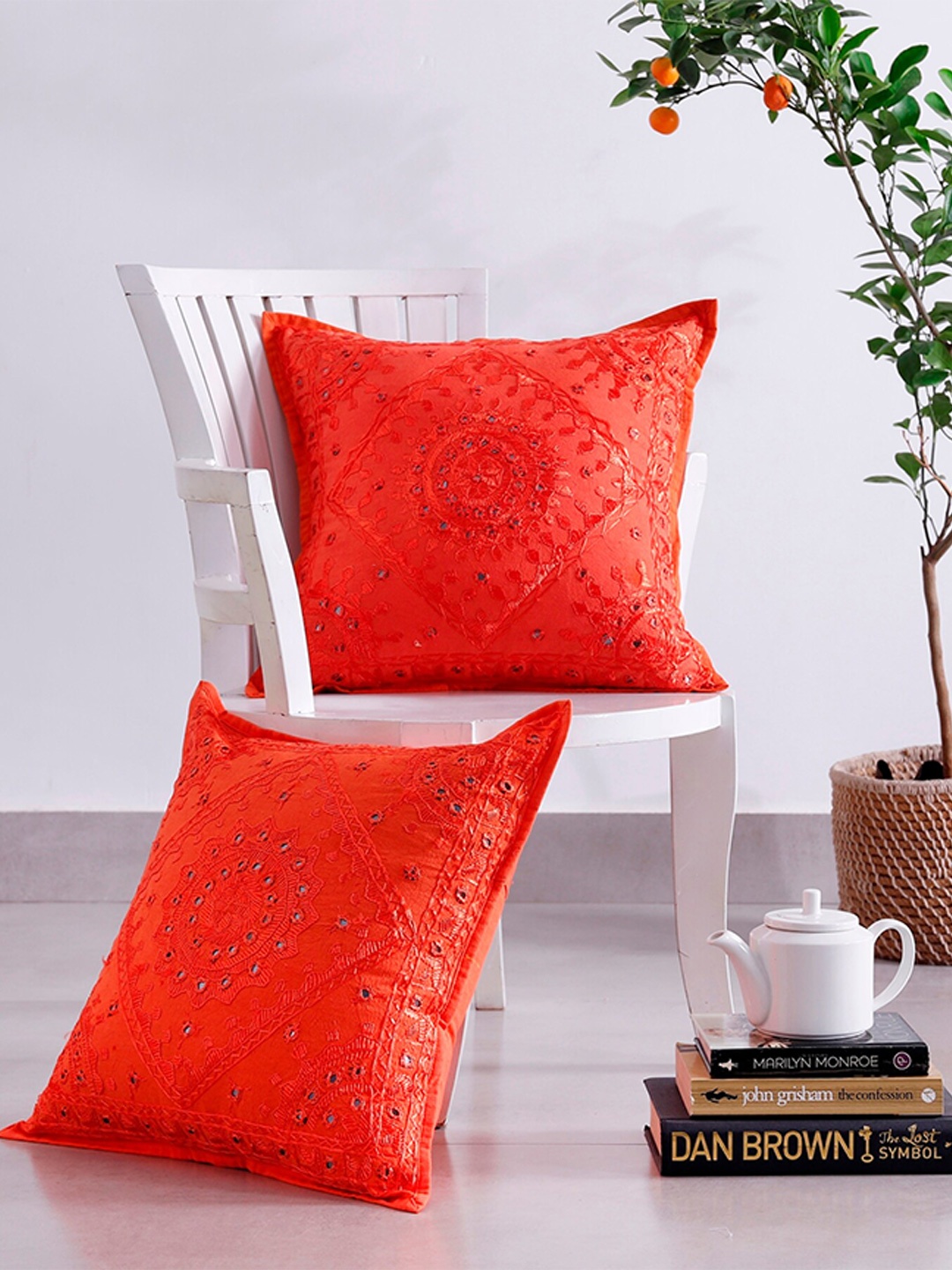 

HANDICRAFT PALACE Orange 2 Pieces Embroidered Pure Cotton Square Cushion Covers