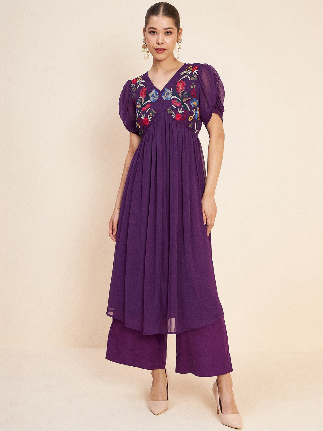 

Antheaa Purple Floral Embroidered Empire A-Line Top With Palazzo