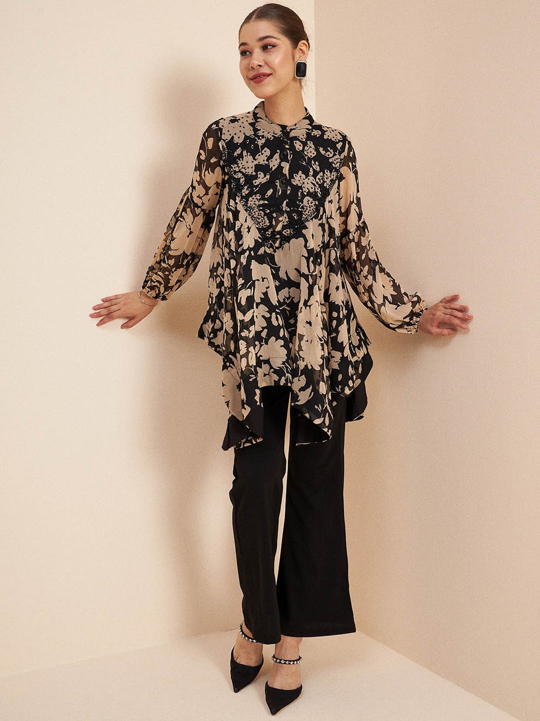 

Antheaa Black Printed Embellished Top & Trousers