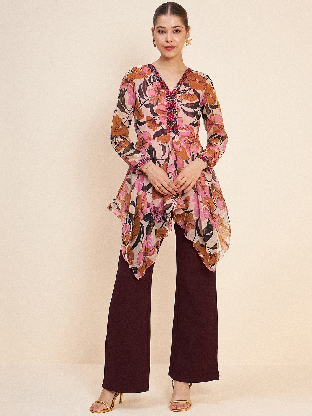 

Antheaa Pink & Brown Printed Embellished Top & Trousers