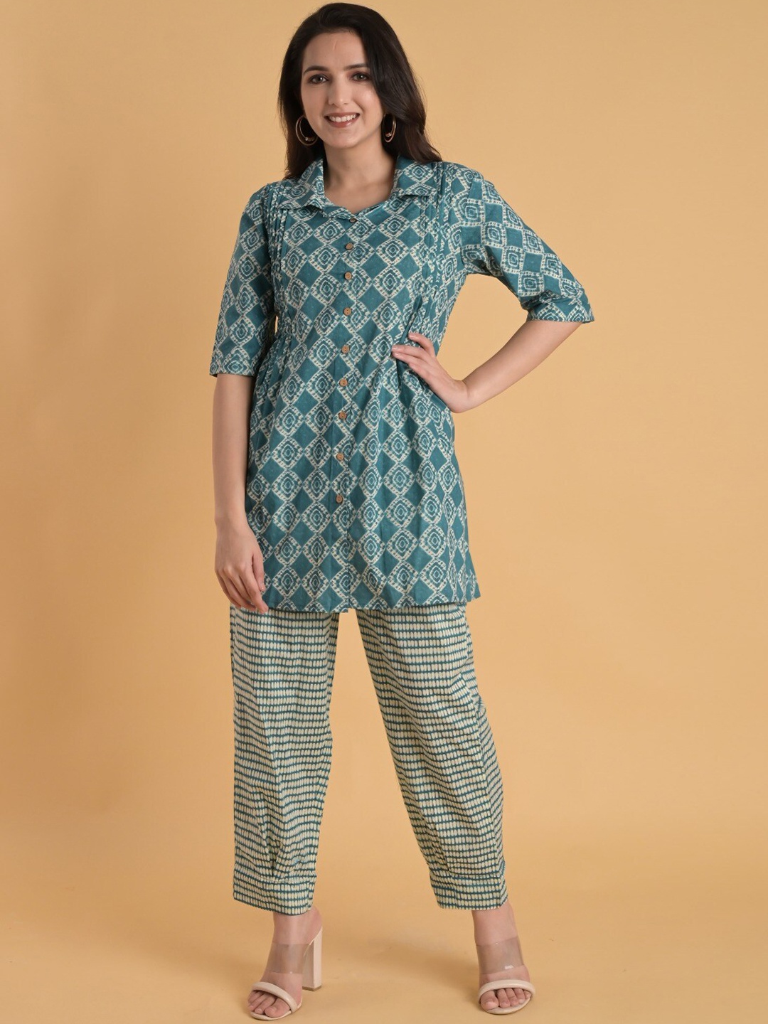 

Do Dhaage Geometric Printed Pure Cotton Shirt & Trousers, Blue