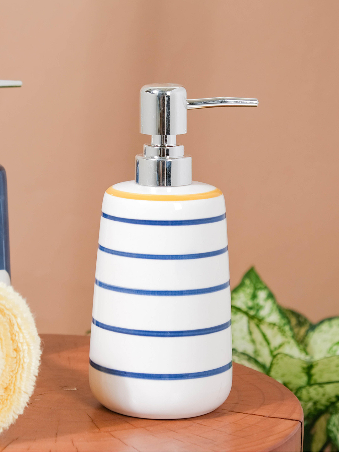 

Nestasia White & Blue Striped Ceramic Soap Dispenser With Nozzle - 420 ML
