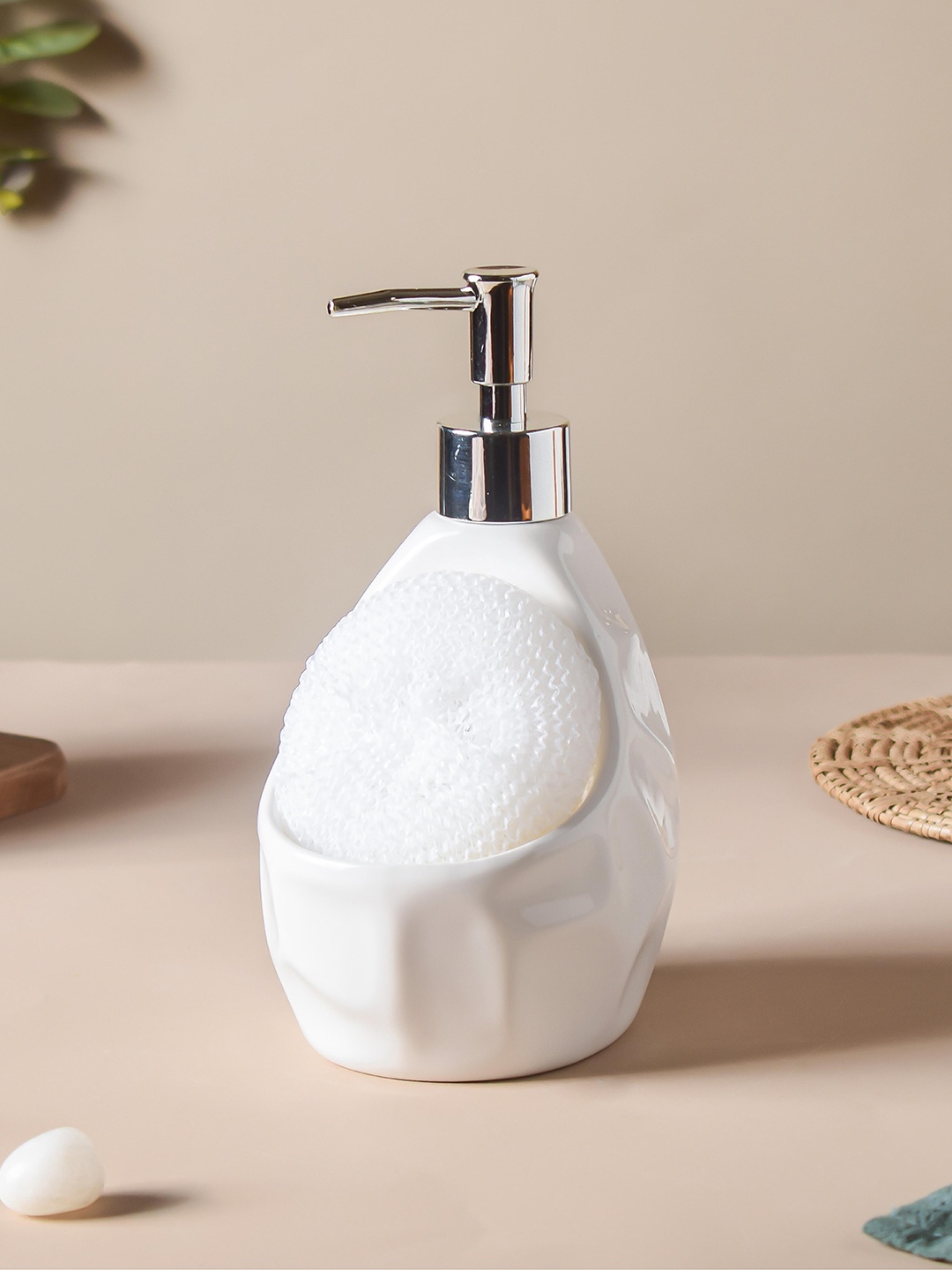 

Nestasia White Textured Ceramic Soap Dispenser With Scrubber