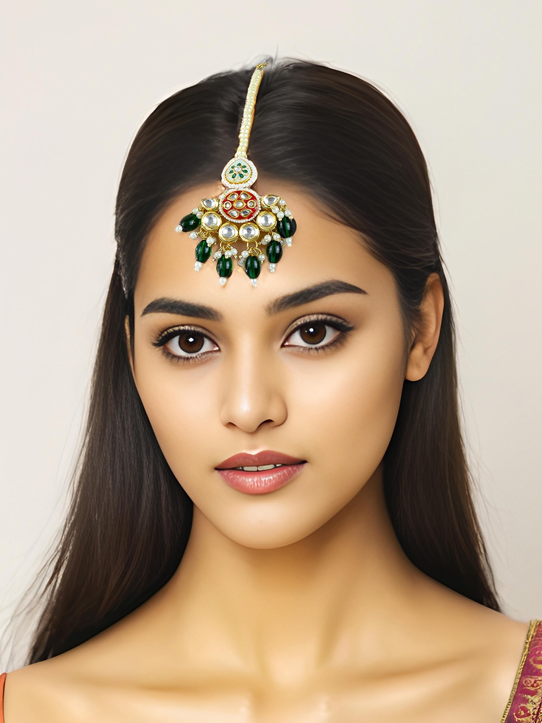 

aadita Kundan Studded & Pearls Beaded Maang Tikka, Gold