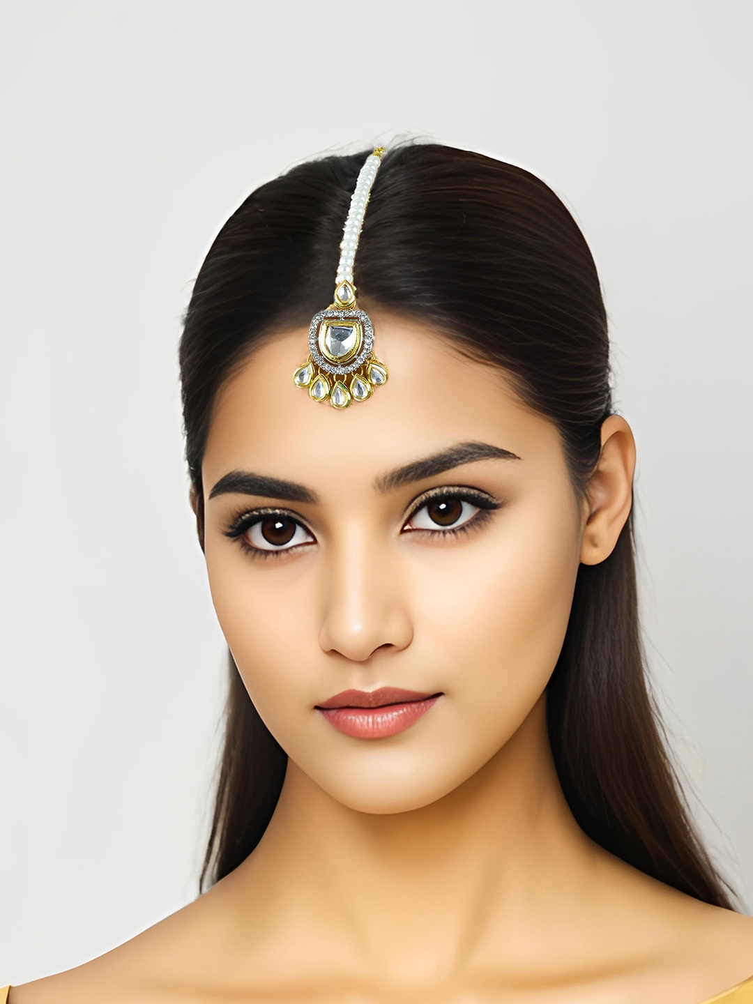 aadita Kundan Studded & Pearls Beaded Maang Tikka, Gold