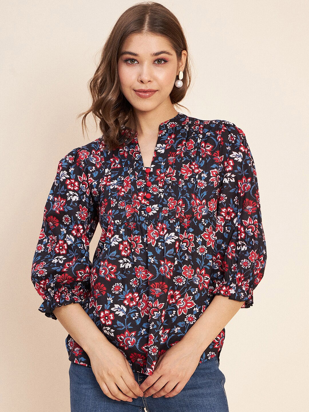 

Antheaa Floral Printed Mandarin Collar Puff Sleeves Gathered Pure Cotton Top, Black