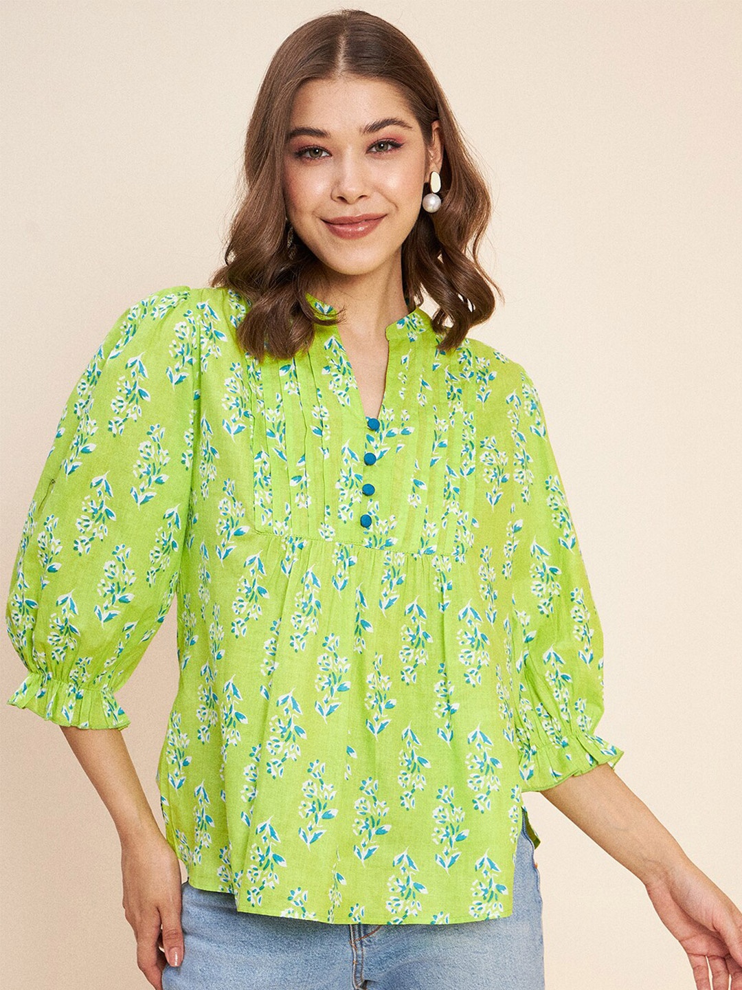 

Antheaa Floral Printed Mandarin Collar Puff Sleeves Gathered Pure Cotton Top, Green