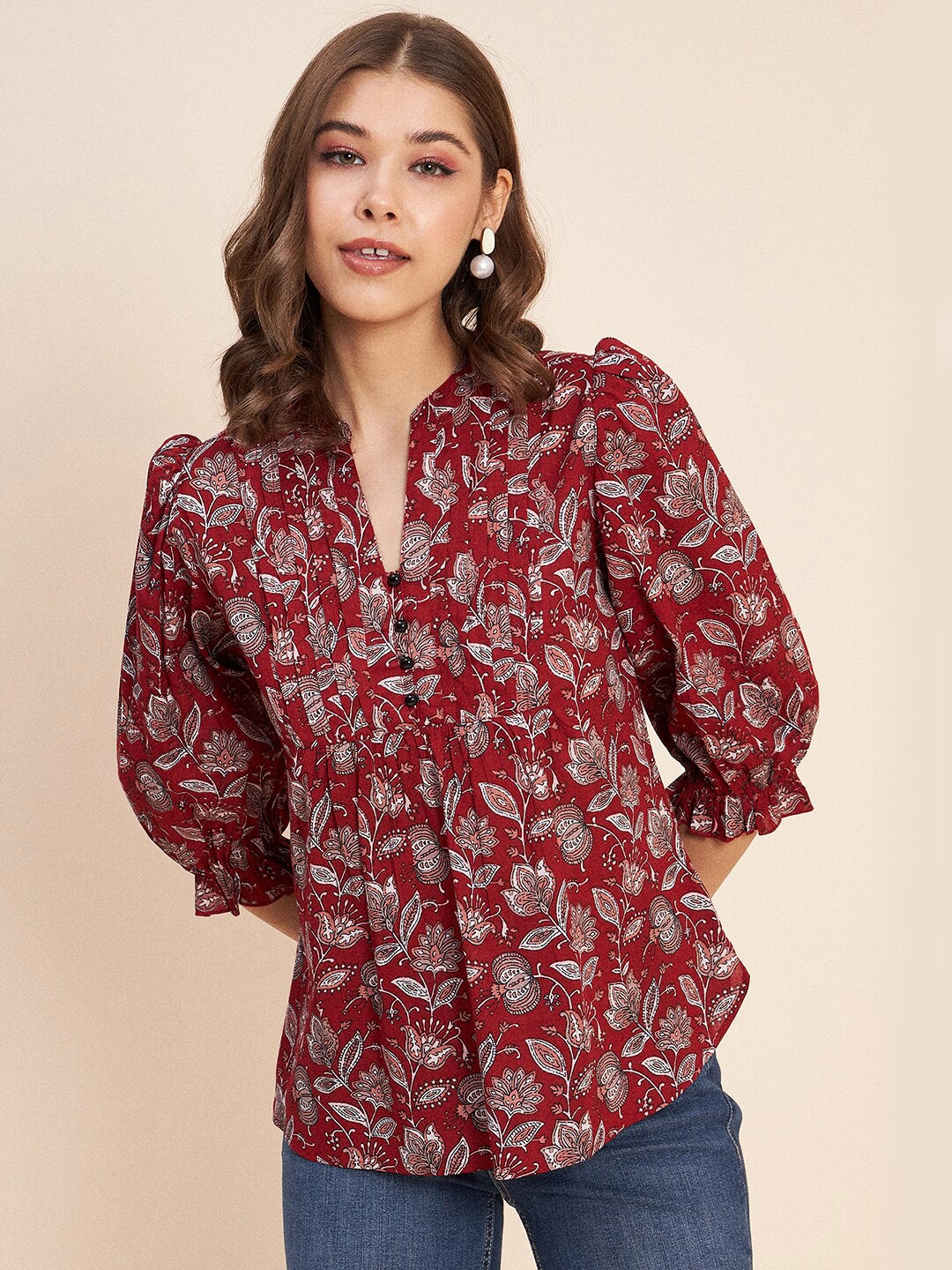 

Antheaa Floral Printed Mandarin Collar Puff Sleeves Gathered Pure Cotton Top, Maroon